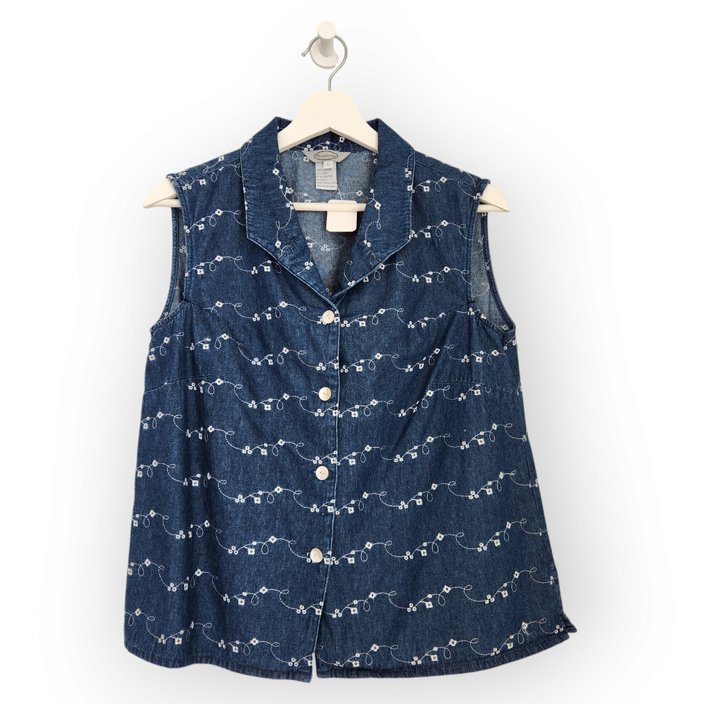 Vintage Stonebridge Jean Denim Eyelet Button Down Sleeveless Top M